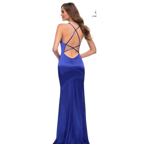 LA FEMME 29858 Long Stretch Satin Dress In Royal Blue NWT Size 8 - Picture 3 of 7